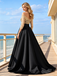 Black Satin Off The Shoulder 3/4 Sleeve Lace Bodice A Line Formal Dress,PDS118574