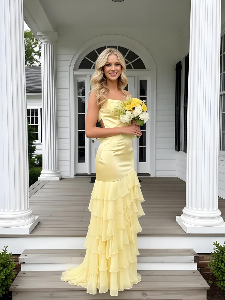 Yellow Sweetheart Ruffles Spaghetti Straps Sleeveless Mermaid Long Prom Party Dress,PDS118491