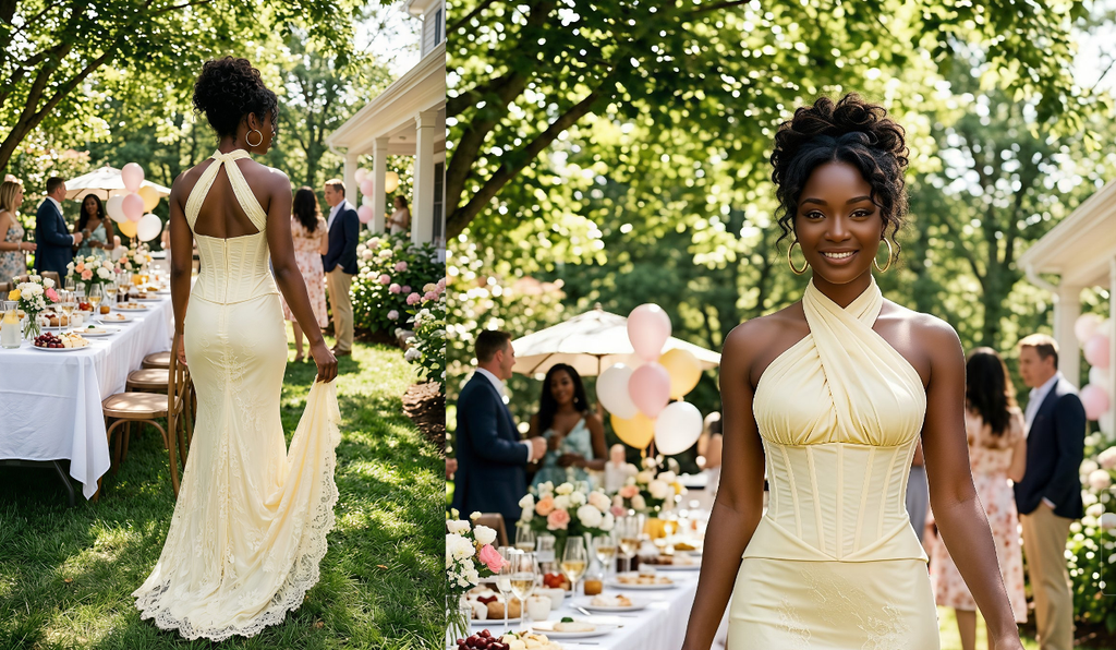 Soft Yellow Lace Halter Corset Mermaid Long Bridesmaid Party Dress,PDS118773