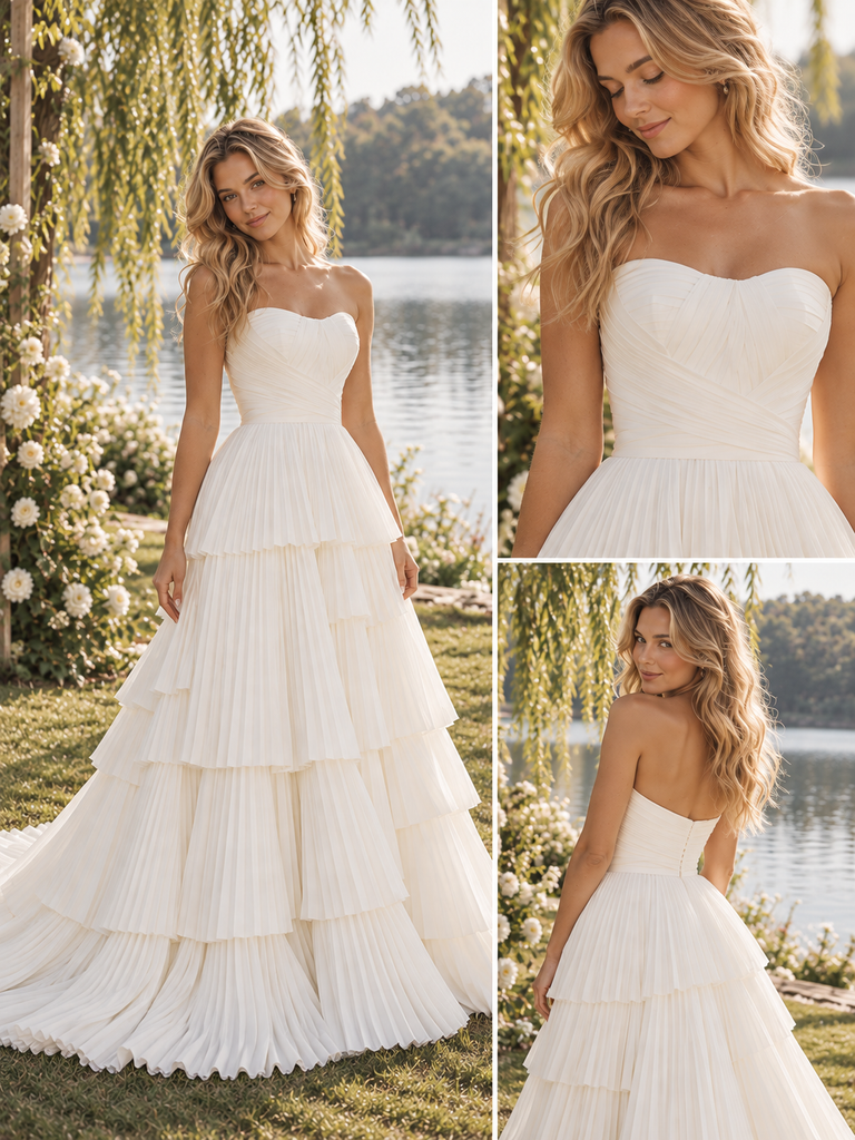 Whimsical Sweetheart Strapless Tiered Pleated Chiffon Wedding Dress,WD0433