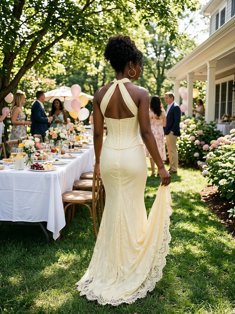 Soft Yellow Lace Halter Corset Mermaid Long Bridesmaid Party Dress,PDS118773