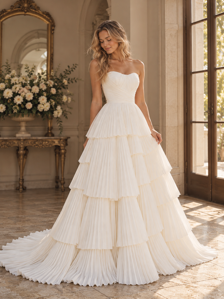 Whimsical Sweetheart Strapless Tiered Pleated Chiffon Wedding Dress,WD0433
