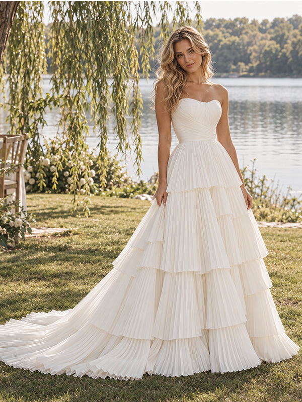 Whimsical Sweetheart Strapless Tiered Pleated Chiffon Wedding Dress,WD0433