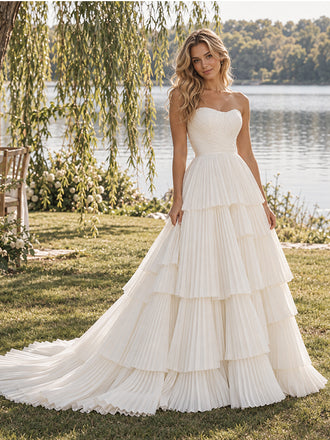 Whimsical Sweetheart Strapless Tiered Pleated Chiffon Wedding Dress,WD0433