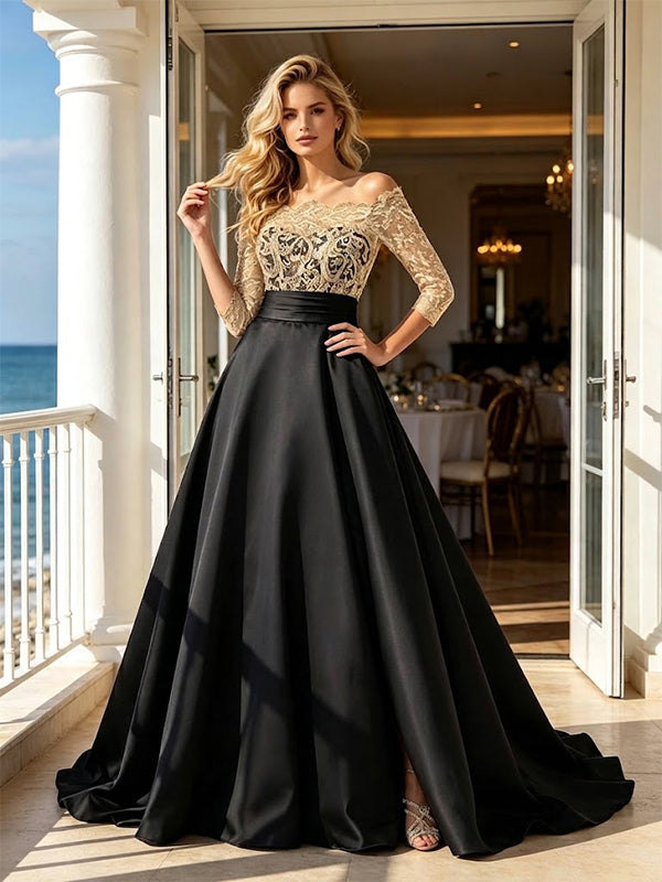 Black Satin Off The Shoulder 3/4 Sleeve Lace Bodice A Line Formal Dress,PDS118574