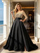 Black Satin Off The Shoulder 3/4 Sleeve Lace Bodice A Line Formal Dress,PDS118574