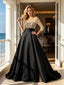 Black Satin Off The Shoulder 3/4 Sleeve Lace Bodice A Line Formal Dress,PDS118574
