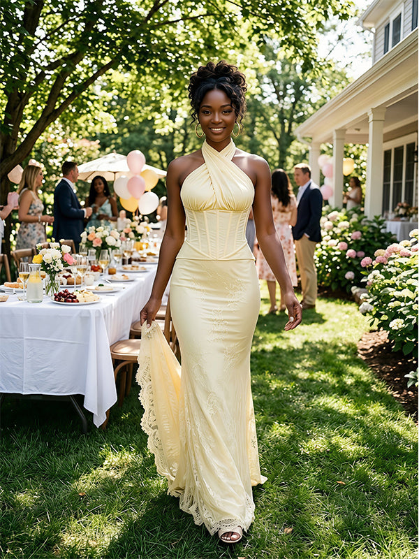 Soft Yellow Lace Halter Corset Mermaid Long Bridesmaid Party Dress,PDS118773