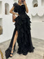 Sexy Off Shoulder A-line Ruffle Side Slit Floor Length Prom Dress,PDS11577
