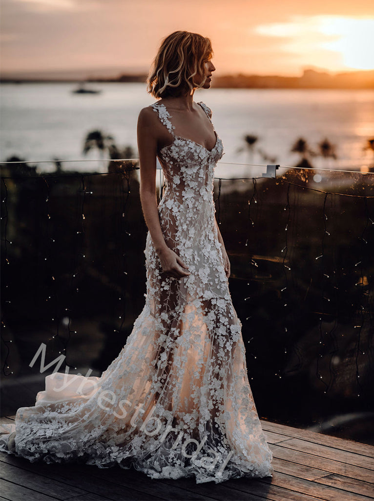 Charming Sweetheart Sleeveless Mermaid Lace Applique Wedding Dresses, WDY0354
