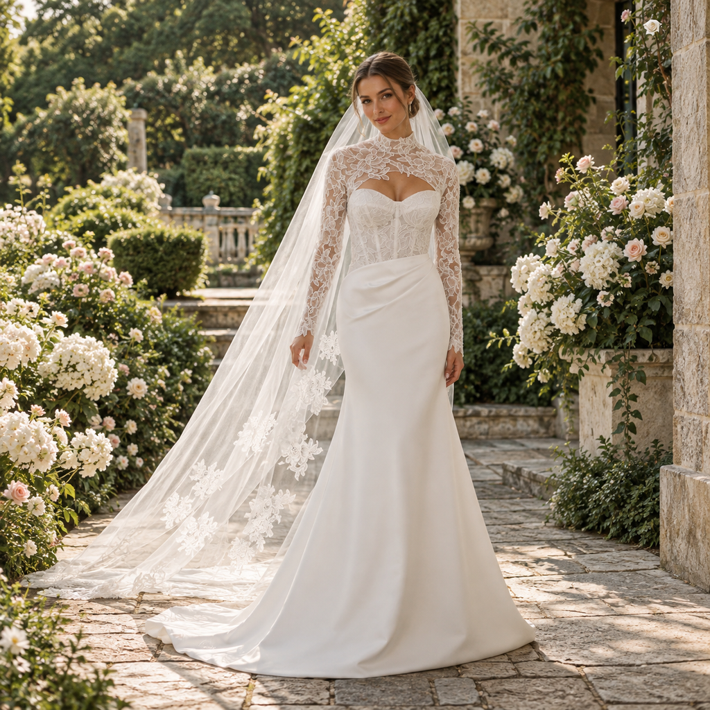 Chic High Neck Long Sleeve Lace Satin Mermaid Bridal Gown with Cutout,WD0434