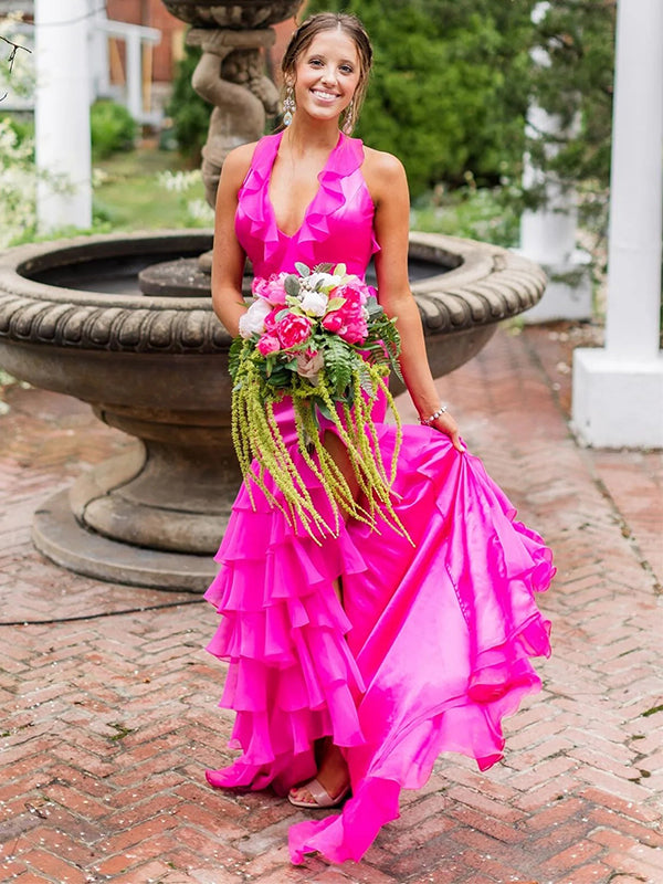 Cute Ruffles V-Neck Sleeveless Side Slit Mermid Long Prom Party Dress, mybestbridal Cute Ruffles V-Neck Sleeveless Side Slit Mermid Long Prom Party Dress, mybestbridal