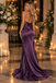 Deep Purple Satin Halter V-Neck Ruched Mermaid Evening Gown,PDS118575