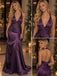 Deep Purple Satin Halter V-Neck Ruched Mermaid Evening Gown,PDS118575