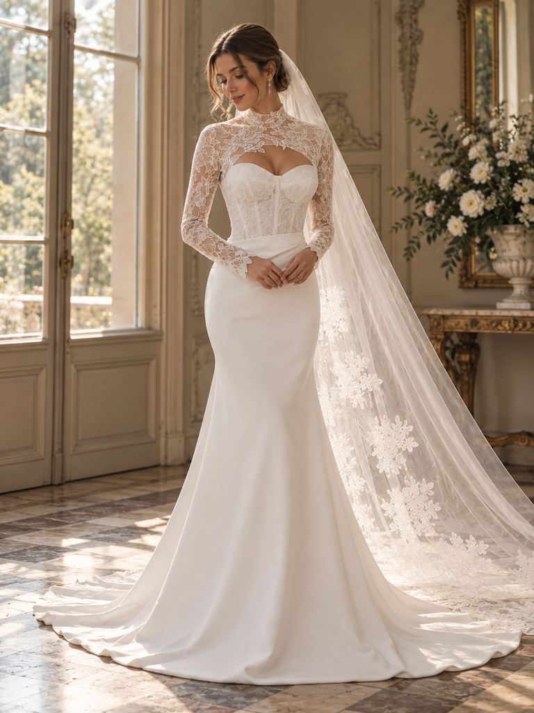 Chic High Neck Long Sleeve Lace Satin Mermaid Bridal Gown with Cutout,WD0434