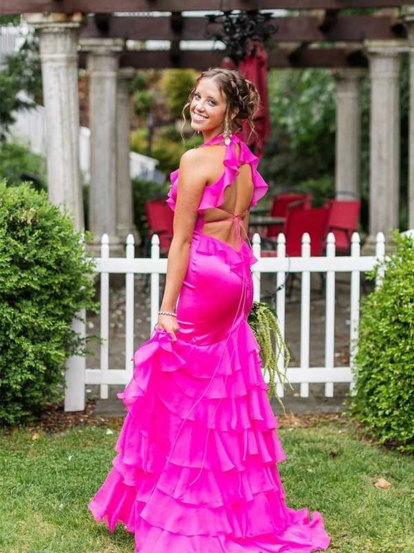 Cute Ruffles V-Neck Sleeveless Side Slit Mermid Long Prom Party Dress,PDS11802