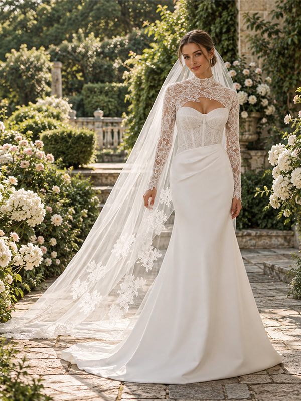 Chic High Neck Long Sleeve Lace Satin Mermaid Bridal Gown with Cutout,WD0434