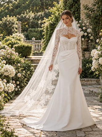 Chic High Neck Long Sleeve Lace Satin Mermaid Bridal Gown with Cutout,WD0434