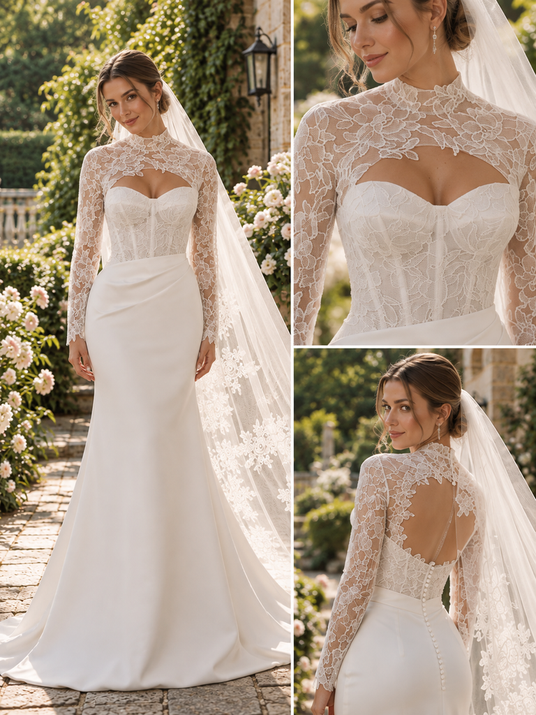 Chic High Neck Long Sleeve Lace Satin Mermaid Bridal Gown with Cutout,WD0434