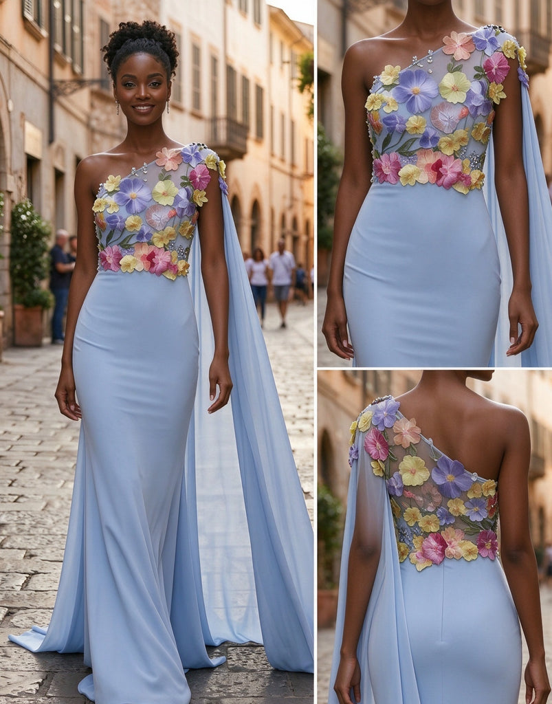 Stunning Light Blue One Shoulder 3D Floral Cape Sleeve Mermaid Evening Gown,PDS118772