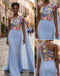 Stunning Light Blue One Shoulder 3D Floral Cape Sleeve Mermaid Evening Gown,PDS118772