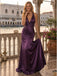Deep Purple Satin Halter V-Neck Ruched Mermaid Evening Gown,PDS118575