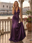 Deep Purple Satin Halter V-Neck Ruched Mermaid Evening Gown,PDS118575