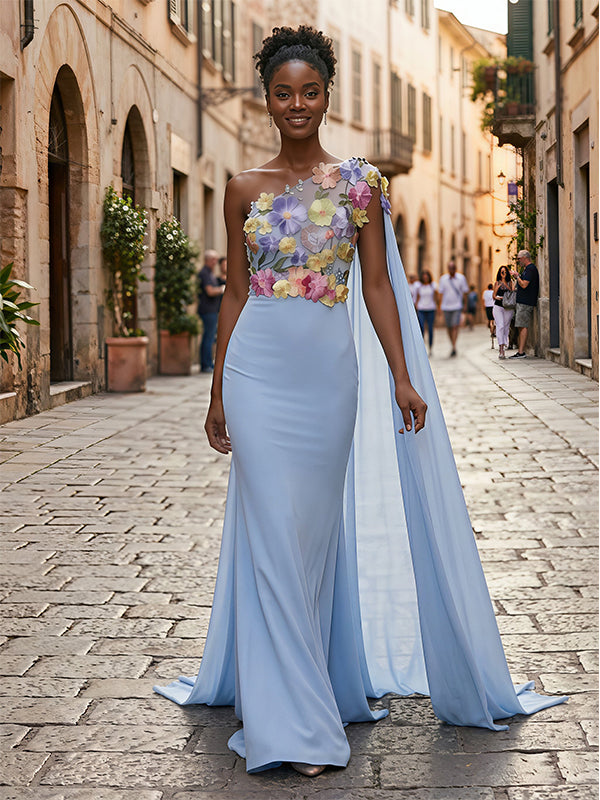 Stunning Light Blue One Shoulder 3D Floral Cape Sleeve Mermaid Evening Gown,PDS118772