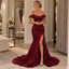 Premium Satin Off Shoulder Spaghetti Strap Ruched Ruffle Slit Mermaid Dress,PDS118676