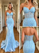 Light Blue Floral Lace Corset Mermaid Prom Dress With Train,PDS118576