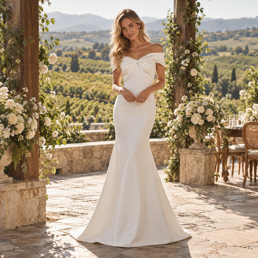 Sophisticated Off Shoulder Twisted Satin Mermaid Wedding Gown,WD0435