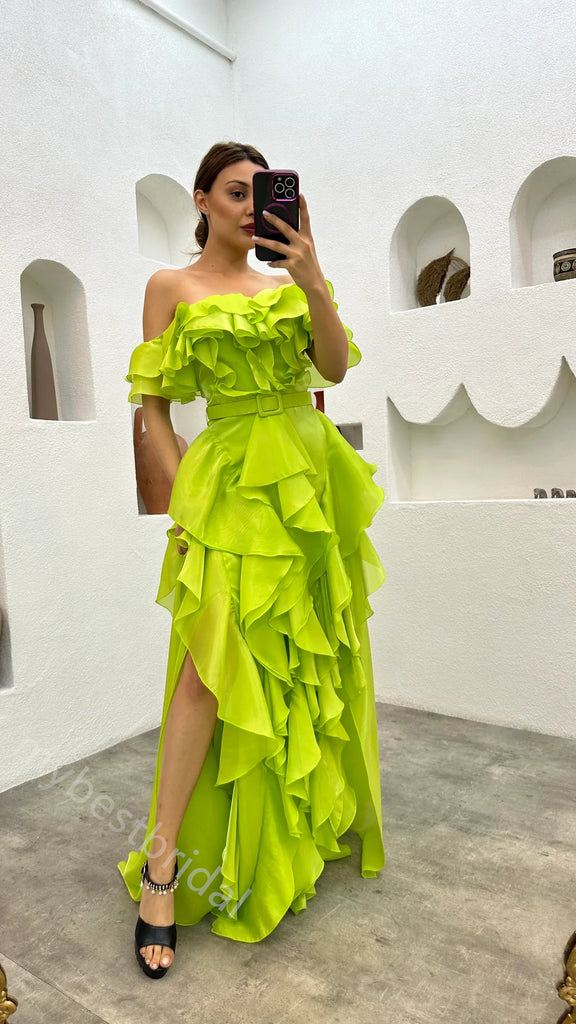 Lime Green Off Shoulder A-line Ruffle Side Slit Floor Length Prom Dress,PDS11579