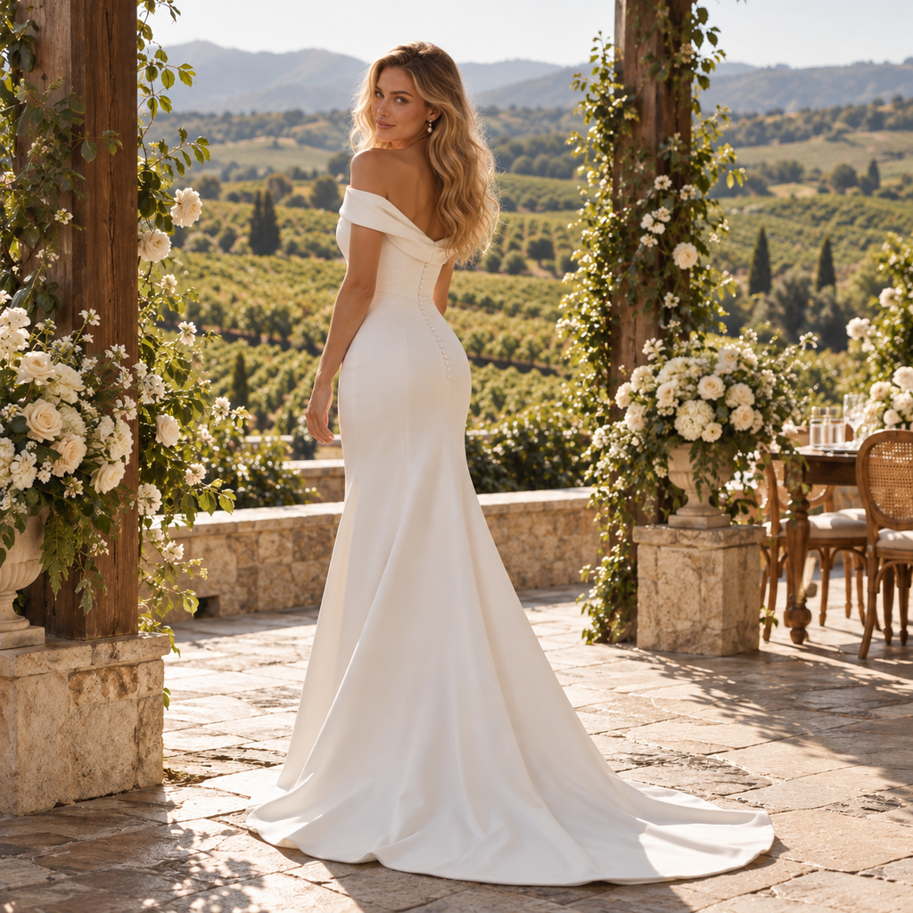 Sophisticated Off Shoulder Twisted Satin Mermaid Wedding Gown,WD0435