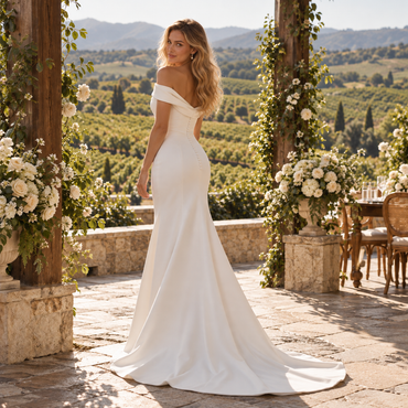 Sophisticated Off Shoulder Twisted Satin Mermaid Wedding Gown,WD0435