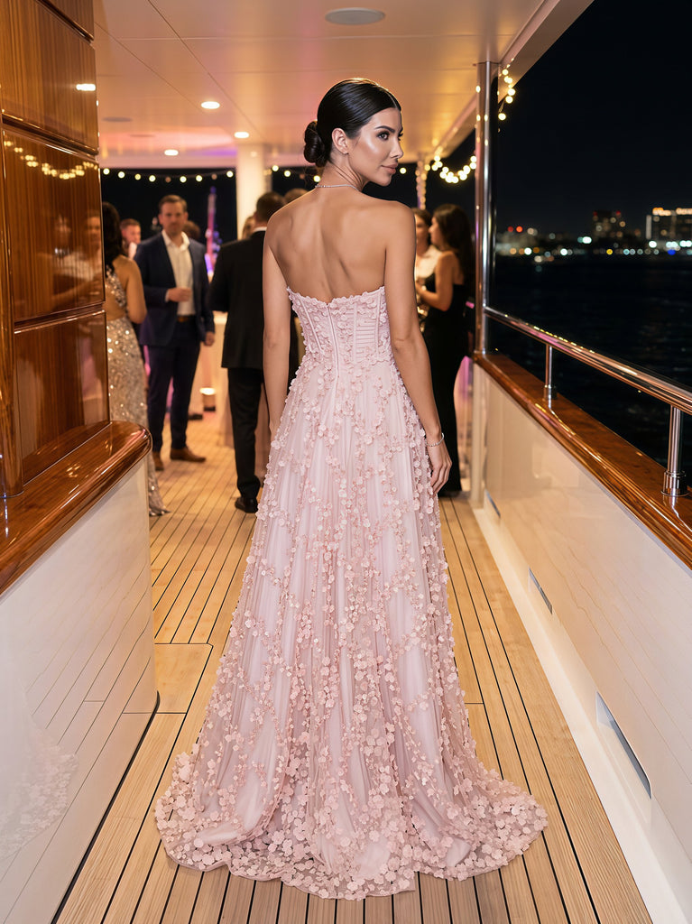 Dreamy Blush Tulle Strapless 3D Floral Appliqué A Line Long Prom Dress,PDS118771