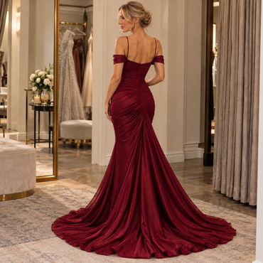 Premium Satin Off Shoulder Spaghetti Strap Ruched Ruffle Slit Mermaid Dress,PDS118676