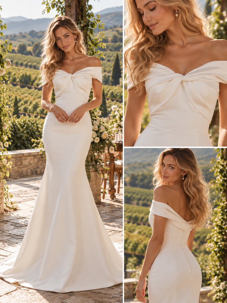 Sophisticated Off Shoulder Twisted Satin Mermaid Wedding Gown,WD0435