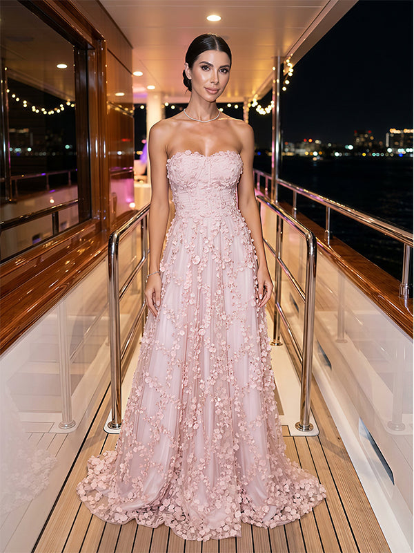 Dreamy Blush Tulle Strapless 3D Floral Appliqué A Line Long Prom Dress,PDS118771