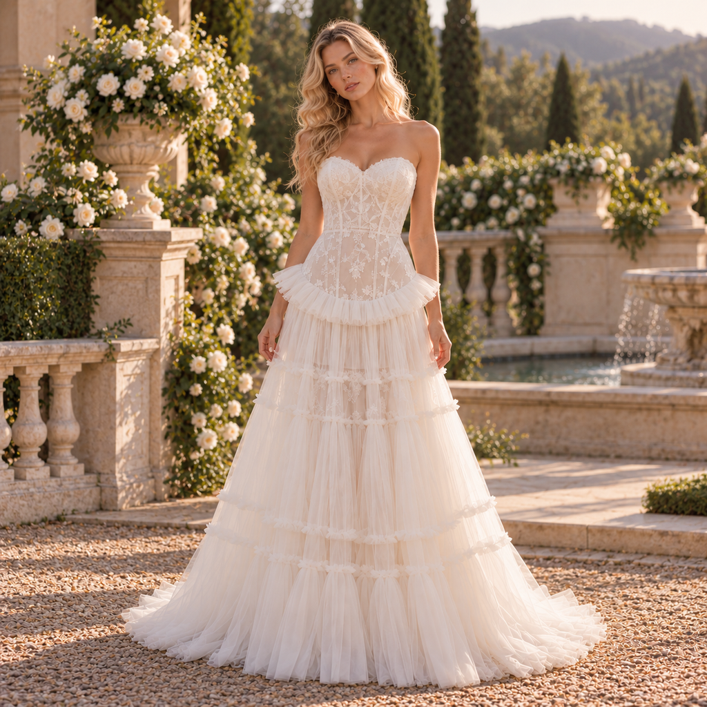 Dreamy Strapless Lace Corset Ruffled Tiered Tulle A Line Wedding Dress, WD0399