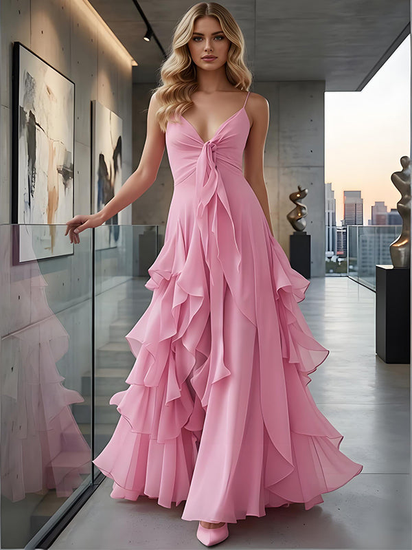Pink V-neck  Spaghetti Straps Ruffles Chiffon Sleeveless A-Line Long Prom Party Dress,PDS11827