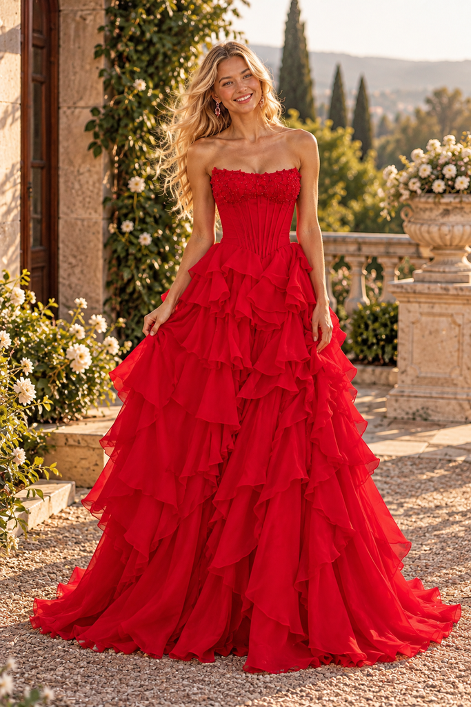Glam Strapless Beaded Chiffon Tiered Ruffle Ball Gown,PDS118640