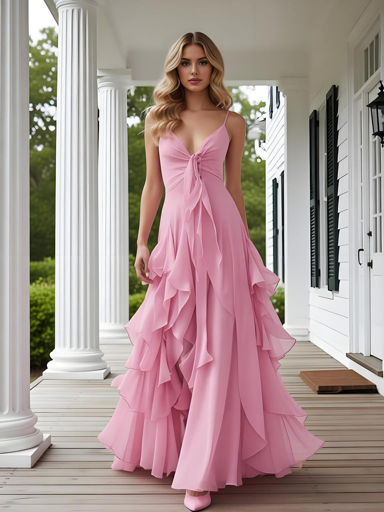 Pink V-neck  Spaghetti Straps Ruffles Chiffon Sleeveless A-Line Long Prom Party Dress,PDS11827