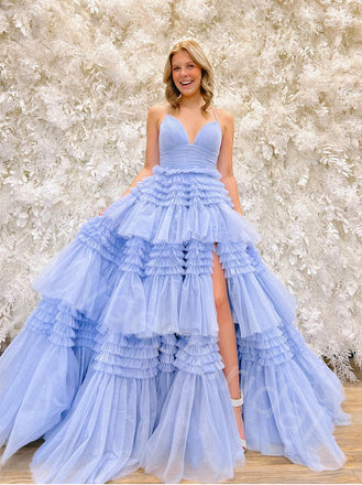 Elegant V-neck Sleeveless Side slit A-line Long Prom Dress,PDS1086