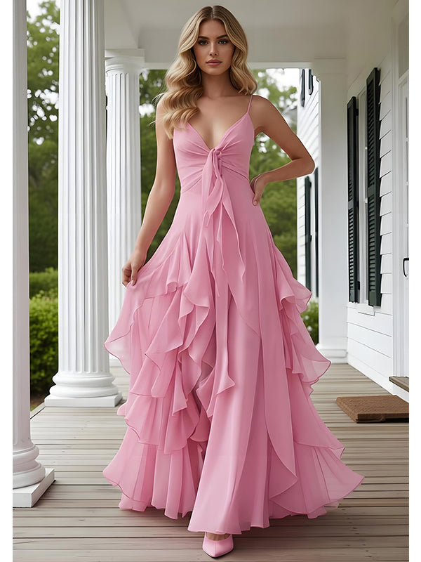 Pink V-neck  Spaghetti Straps Ruffles Chiffon Sleeveless A-Line Long Prom Party Dress,PDS11827