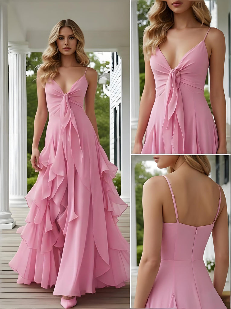 Pink V-neck  Spaghetti Straps Ruffles Chiffon Sleeveless A-Line Long Prom Party Dress,PDS11827