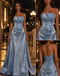 Luxury Dusty Blue Organza Strapless Ruched A Line Long Evening Gown,PDS118781
