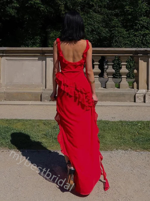 Red Ruffle Sleeveless Side Slit Sheath Floor Length Prom Dress,PDS11622