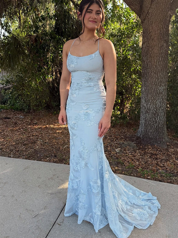 Light Blue Lace Appliques Sleeveless Mermaid Long Prom Party Dress,PDS11759
