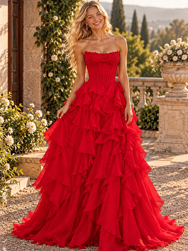 Glam Strapless Beaded Chiffon Tiered Ruffle Ball Gown,PDS118640