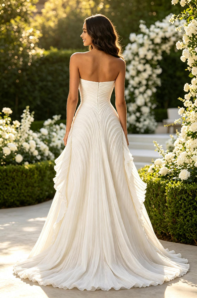 Elegant Pleats Strapless Sleeveless Chiffon Ruffles A-Line Floor Length Wedding Dresses, WD0363